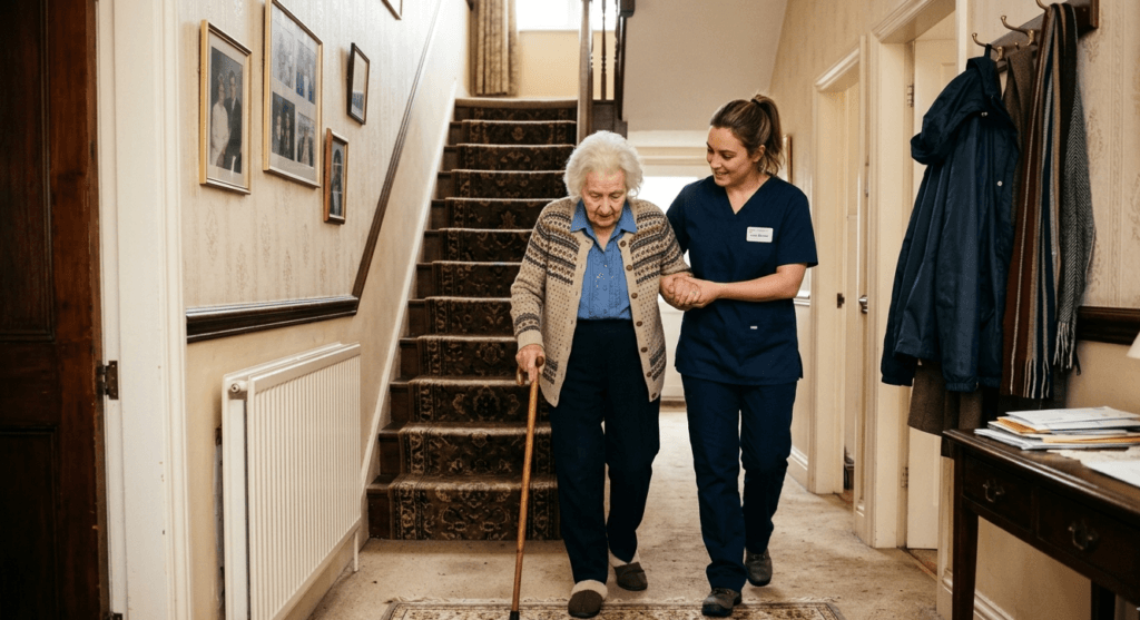 domiciliary carer assisting elderly woman